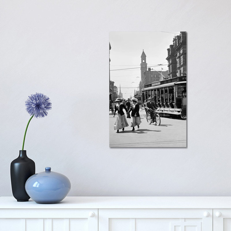 1900s-1910s-1912 Street Scene Pedestrians And Streetcar Detroit Michigan USA - Wrapped Canvas Print, 30.48 cm H x 45.72 cm W