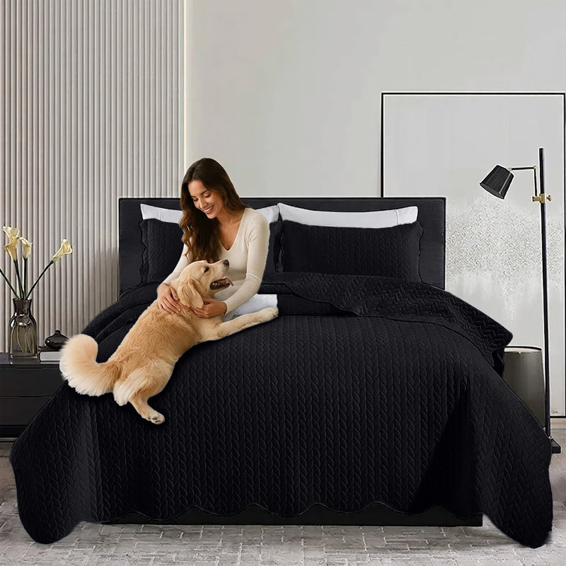Microfiber Embossed Bedspread Set, King Bedspread + 2 King Shams, Black