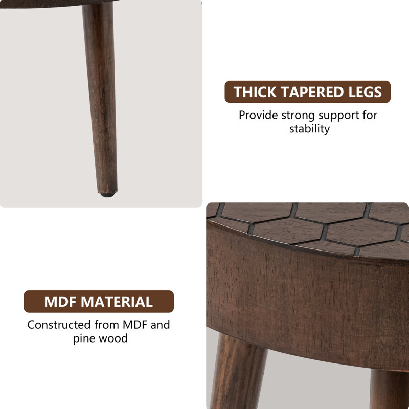 Brown Round Honeycomb Pattern MDF and Pine Wood Coffee Table Set