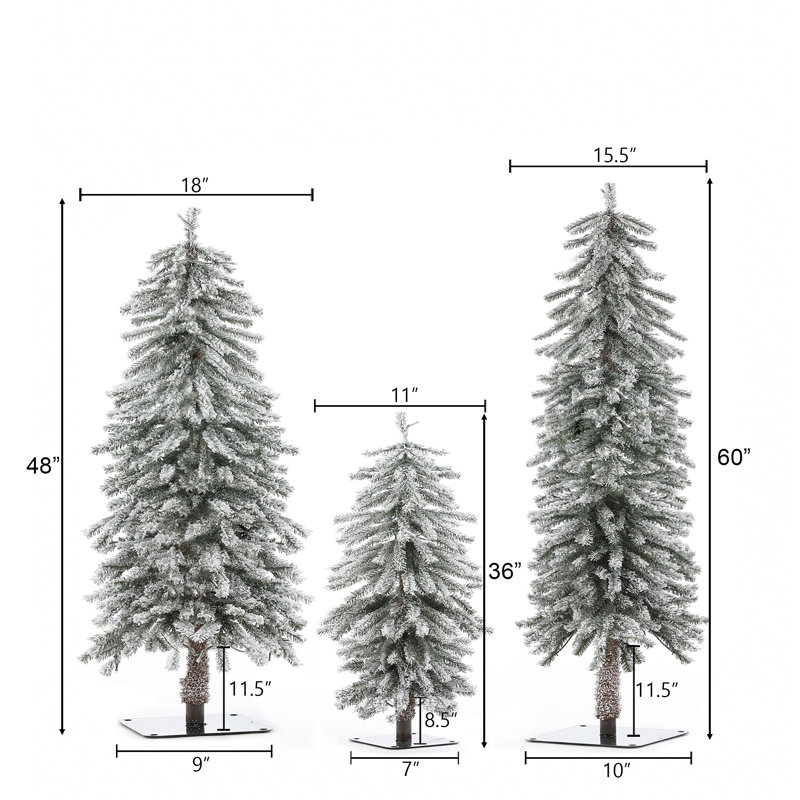 Mercury Row® Slender Green Fir Flocked Christmas Tree Set with Lights (Set of 3)