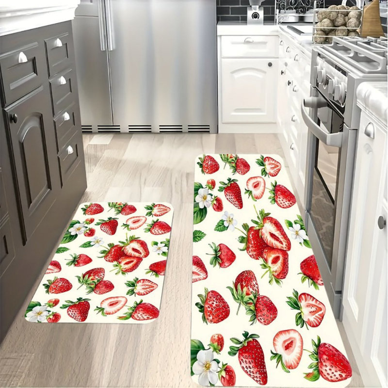 Ensemble de 2 tapis de cuisine à motif de fraises à aquarelle