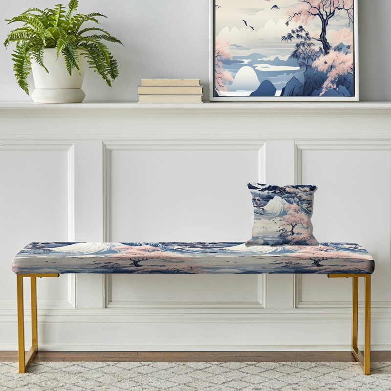 Banc rembourré Coastal Gold, Blue And Pink Zen Japanese Landscape