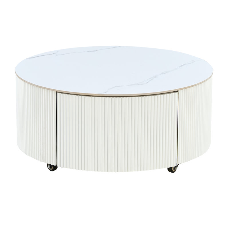 Table basse ronde et mobile avec roulettes et tiroirs, Blanc