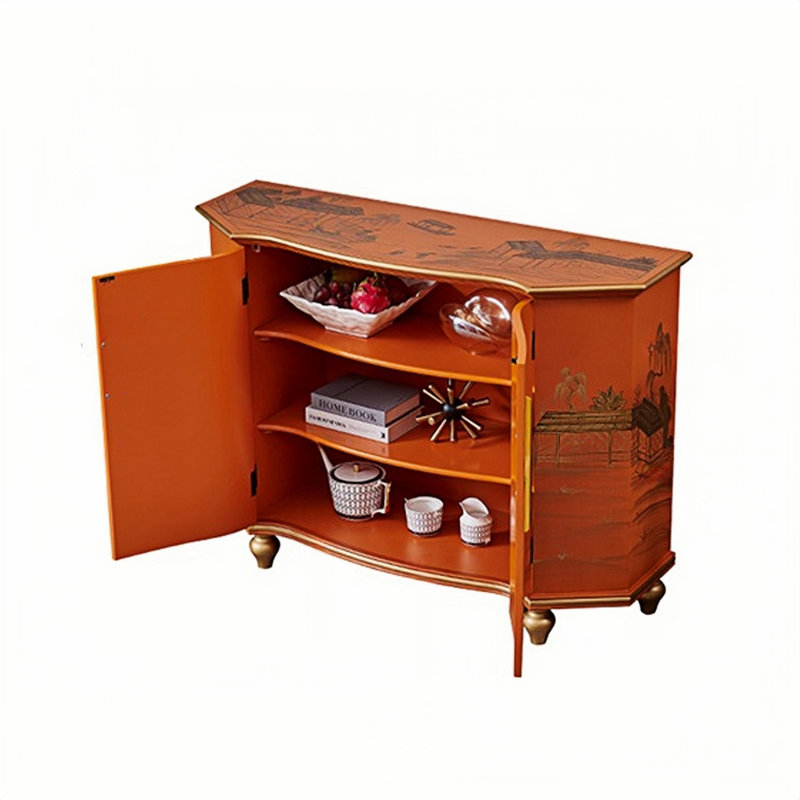 Orange Hand-Painted Accent and Buffet Cabinet