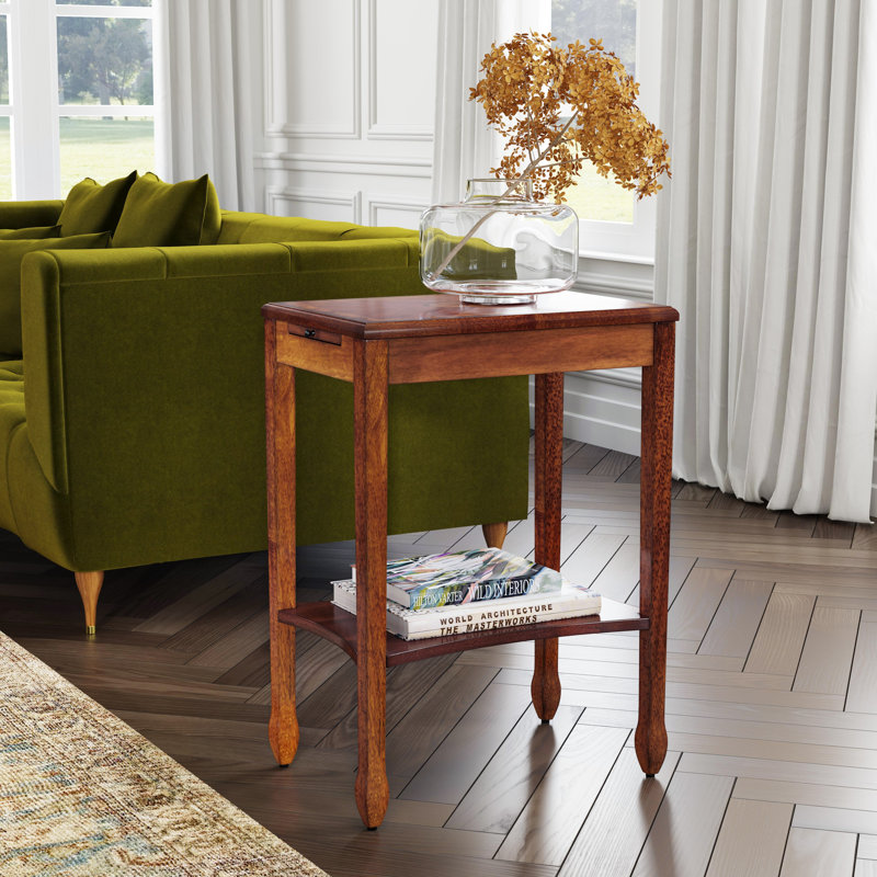  12 po Gilbert W Table de bout rectangulaire en bois avec plateau coulissant et tablette inférieure ouverte, brun moyen