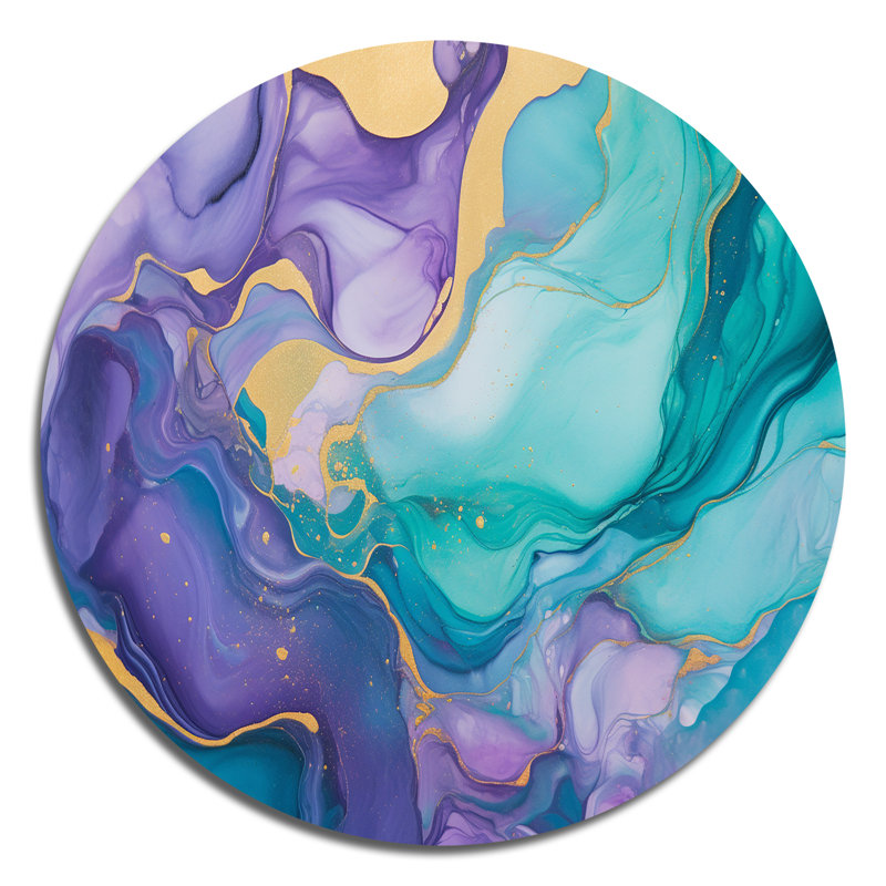 Turquoise et mauve liquide Art II - Art abstrait rond en métal, H 16 po x l 16 po