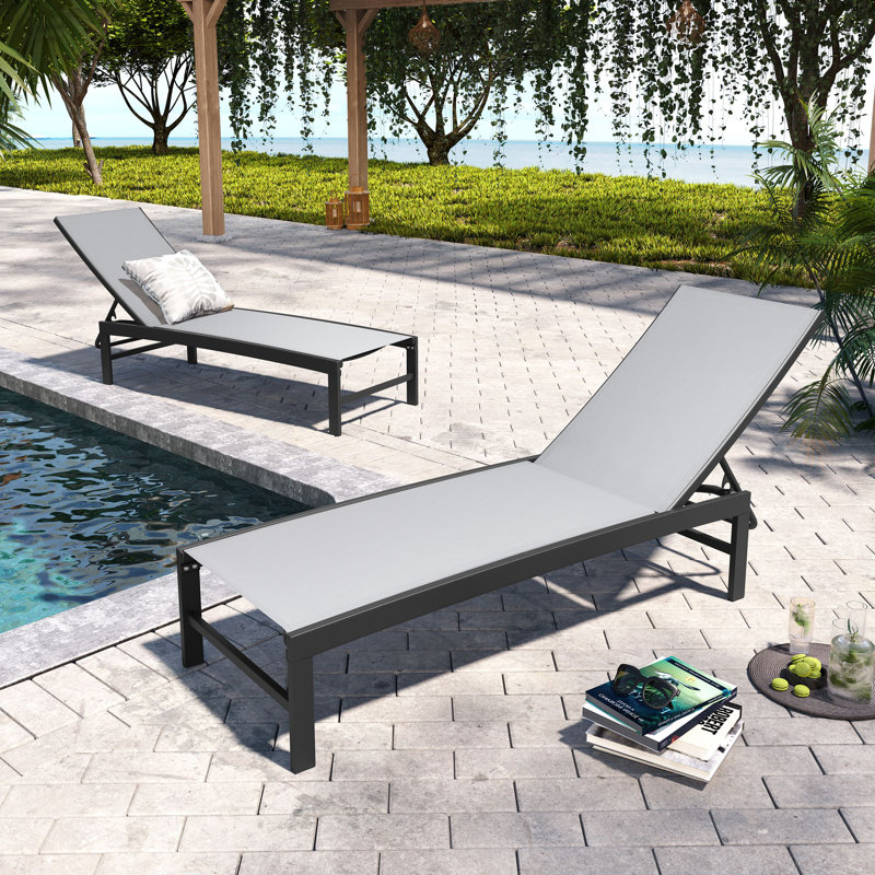 Antrea Metal Adjustable Reclining Chaise Lounge Set, Light Gray Mesh/Black Frame
