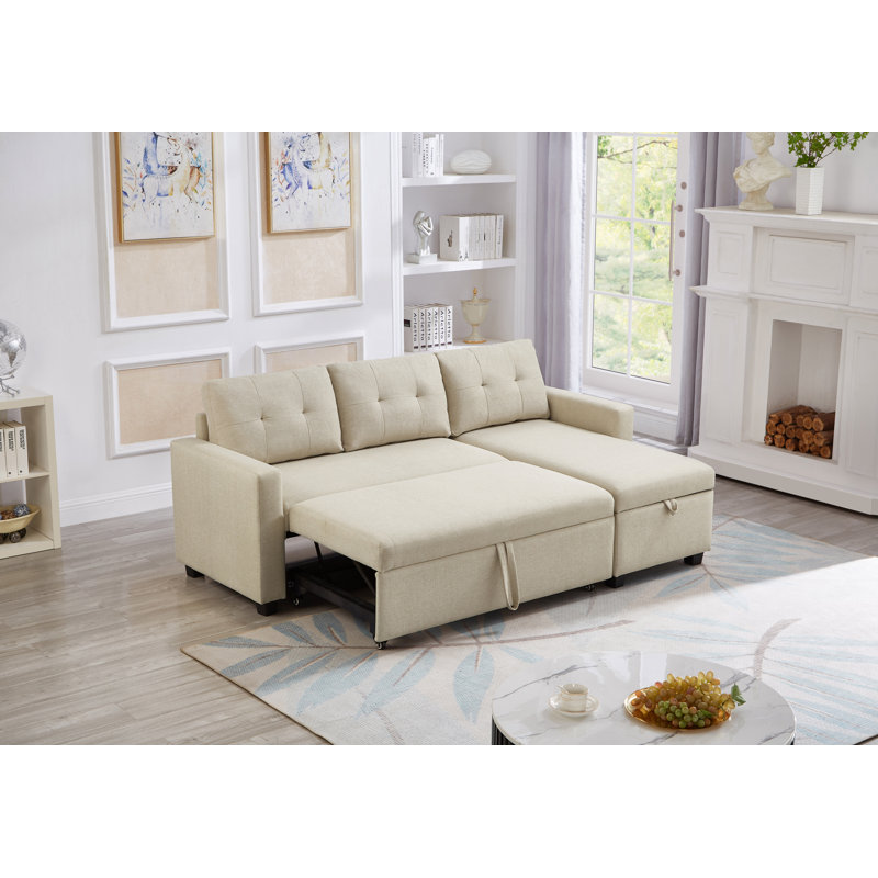 Ricky Pull-Out Sleeper Sectional Sofa with Storage Chaise, Beige