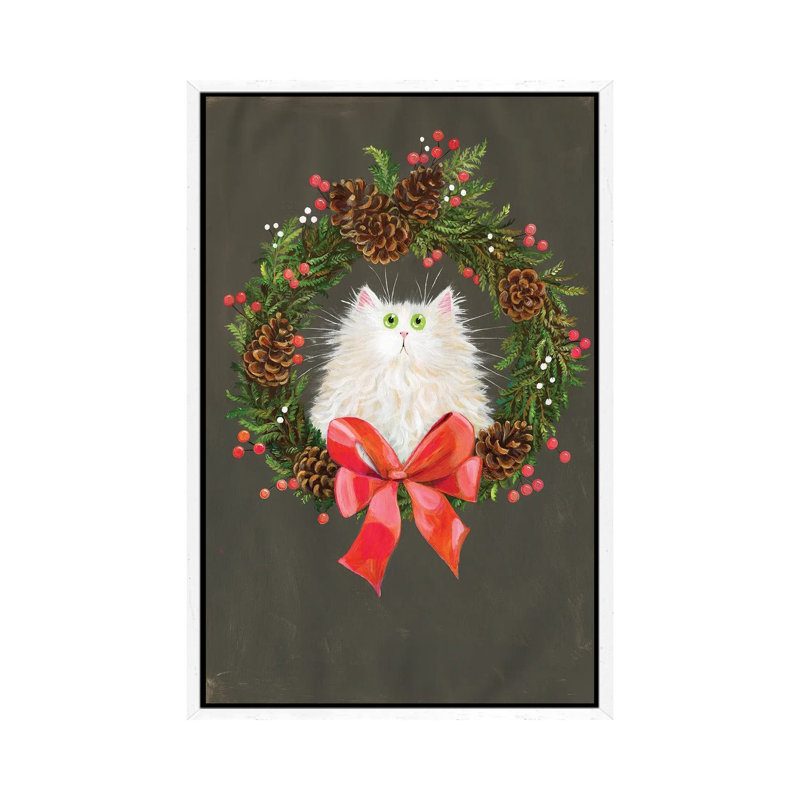 Festive Wreath White Cat by Kim Haskins - Print on Canvas, White Framed, 101.6 cm H x 66.04 cm W