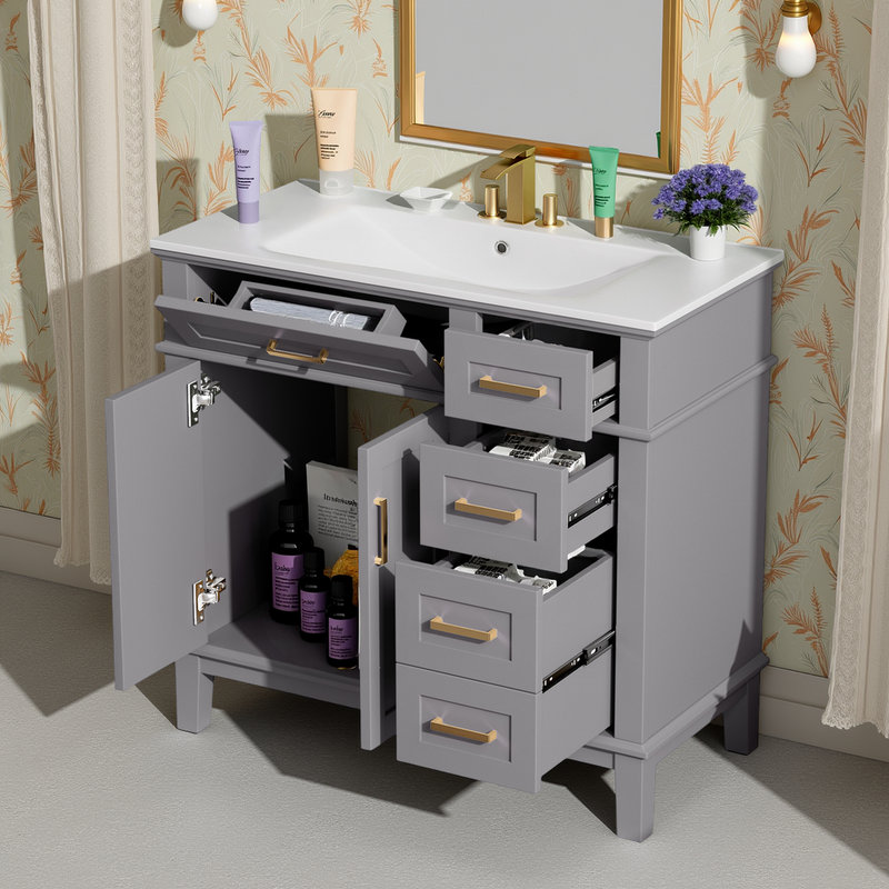 Meuble-lavabo 36 po avec lavabo en céramique, armoire, tiroirs à fermeture en douceur, Gris