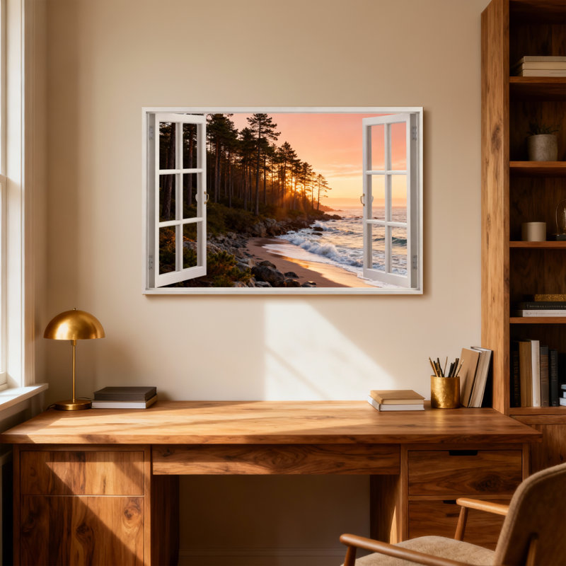 Paysage et nature Coucher de soleil sur la plage, pins, vagues de l'océan, H 16 po x l 24 po