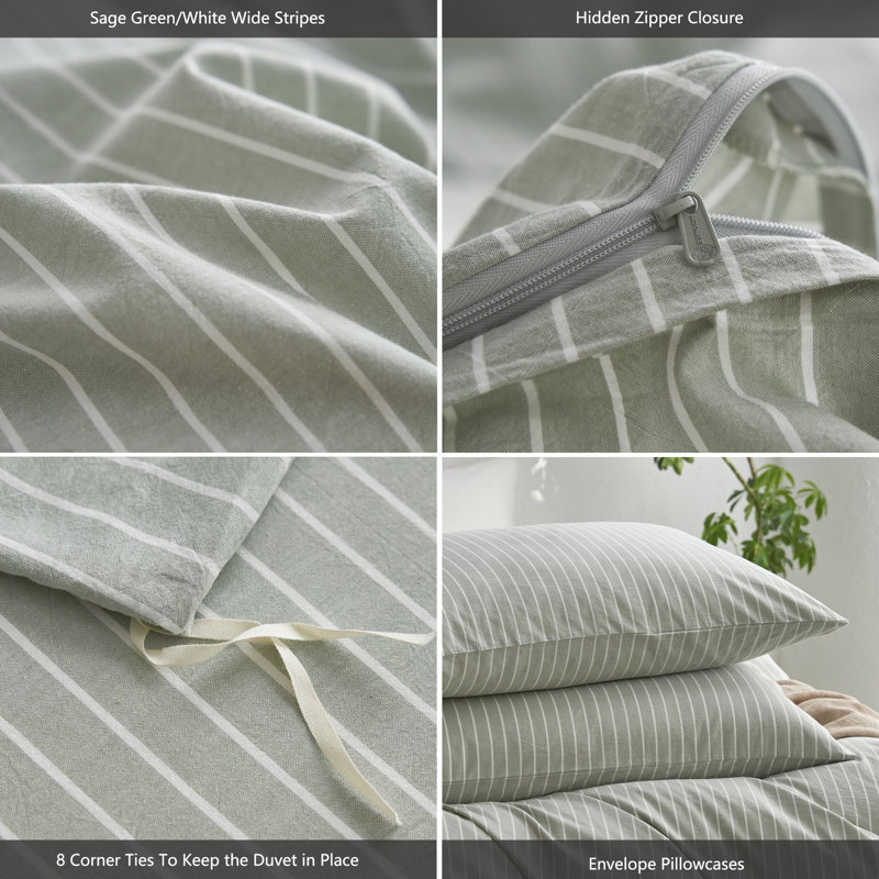 MooMee Striped Duvet Cover Set 100% Washed Cotton Linen Like Textured, Wide Stripes - Sage Green/White