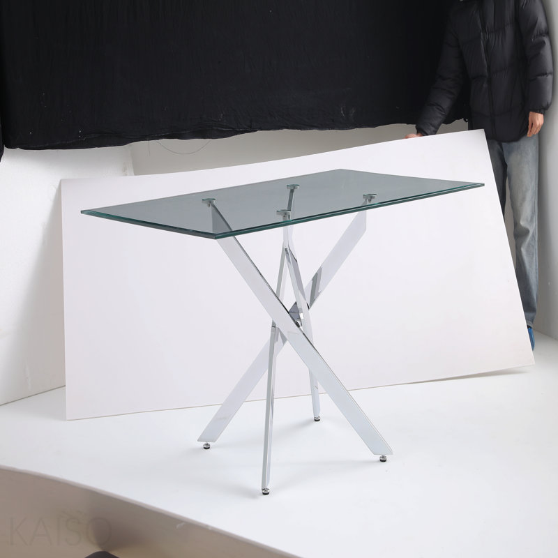 Table rectangulaire moderne en verre trempé et cadre en fer argenté, Argent