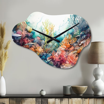 Vibrant Coral Reef III - Beach Cloud Metal Wall Clocks, Orange Asymmetrical Wall Clock Print