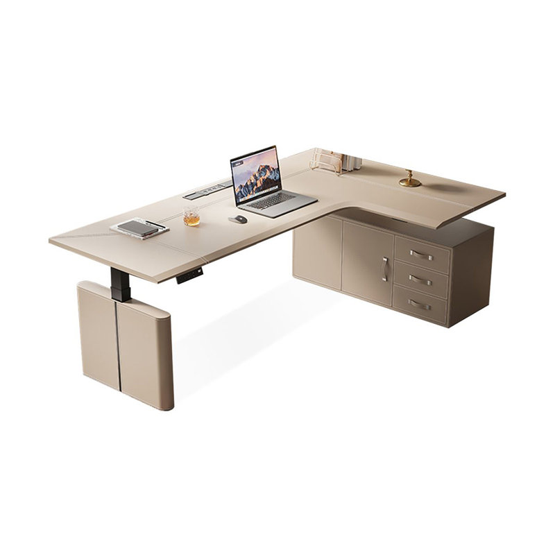 Bureau 3 tiroirs en bois manufacturé et en acier au carbone léger, H 47,24 po x l 70,87 po x P 47,24 po, Café clair