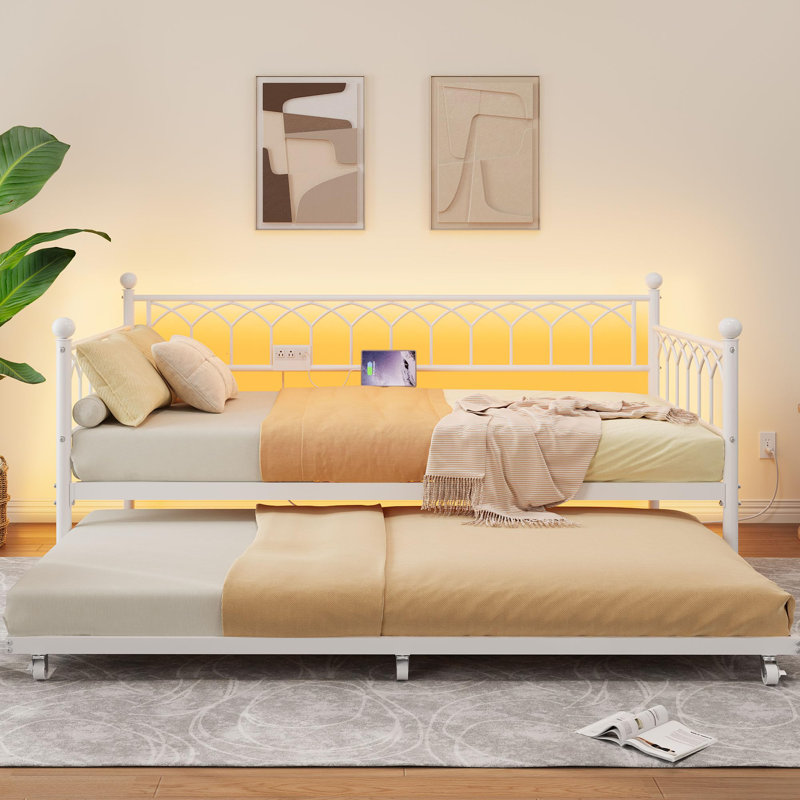 Metal Twin Size Daybed Frame with Trundle with Charging Station and LED Lights for Small Spaces, White