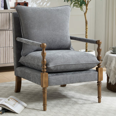 Chenille Accent Chair, Spindle Accent Chair with Upholstered Armrests, Farmhouse Accent Chair with Turned Wood