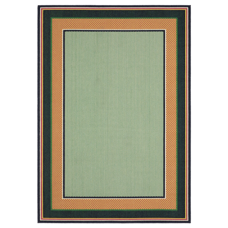 Sherley Preppy Stripe Border Green/ Navy Indoor-Outdoor Area Rug, Rectangle 6'7" x 9'2"