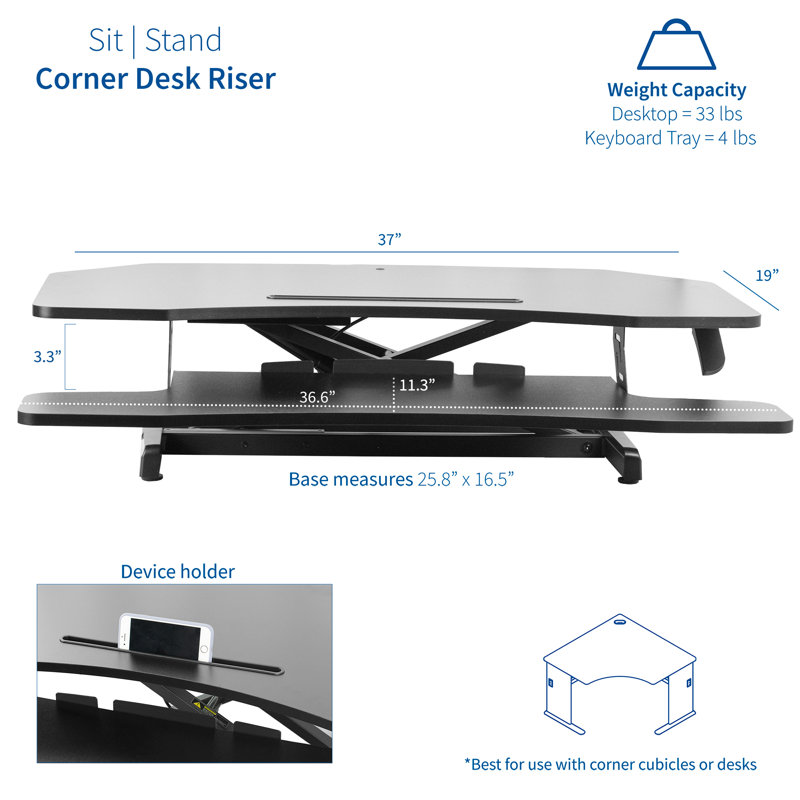 Black Adjustable Corner Standing Desk Converter with Monitor Riser