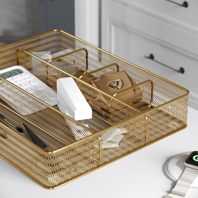 Gold Mesh Metal 6 Compartment Desk Drawer Organizer