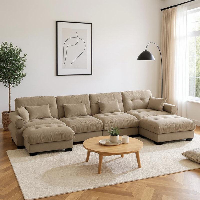 166" Oversized U-Shaped Modular Velvet Sectional Sofa with Ottoman, Camel, Brown