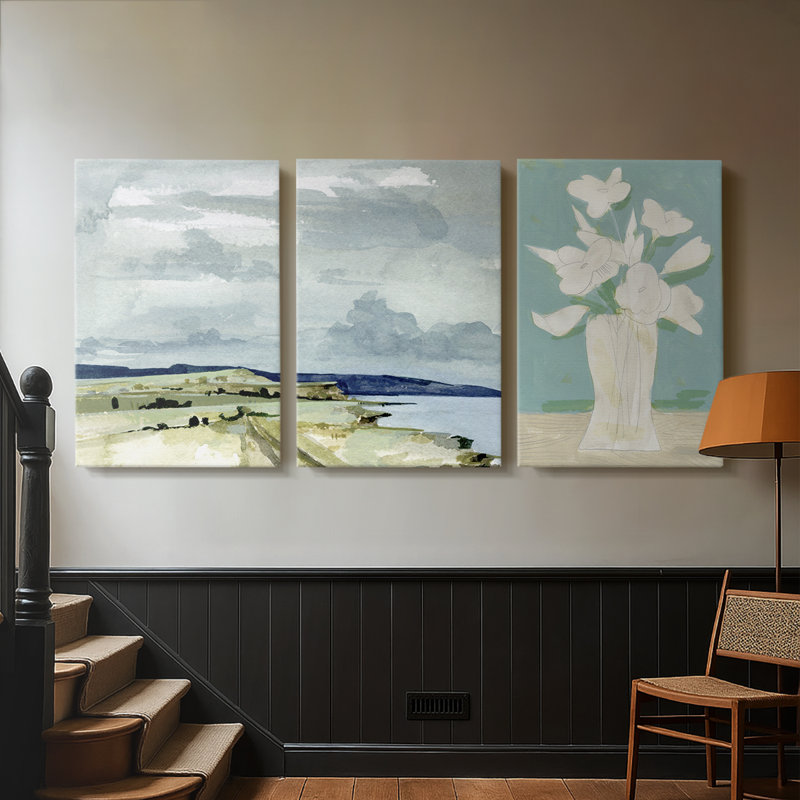 «Coastal Blues Watercolor II», toile tendue sur mesure - 3 pièces, H 48 po x l 96 po