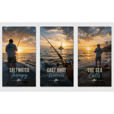 Extra-LargeExtra-Large Set of 3 Coastal Fishing Wall Art, Saltwater Therapy Cast Away Worries The Sea Calls Canvas Decor for Man Cave 24x36 Inch Canvas Print - Ready to hang