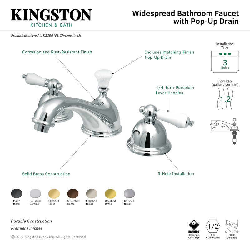 Kingston Brass Restoration Two-Handle 3-Hole Deck Mount Widespread Bathroom Faucet with Brass Pop-Up Drain, Brushed Nickel