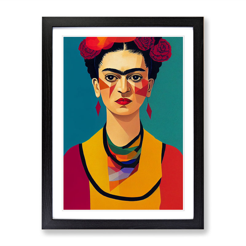 Frida Kahlo Geometric - Wall Art, 46cm H x 34cm W x 2cm D, Walnut Picture Frame Paper, White