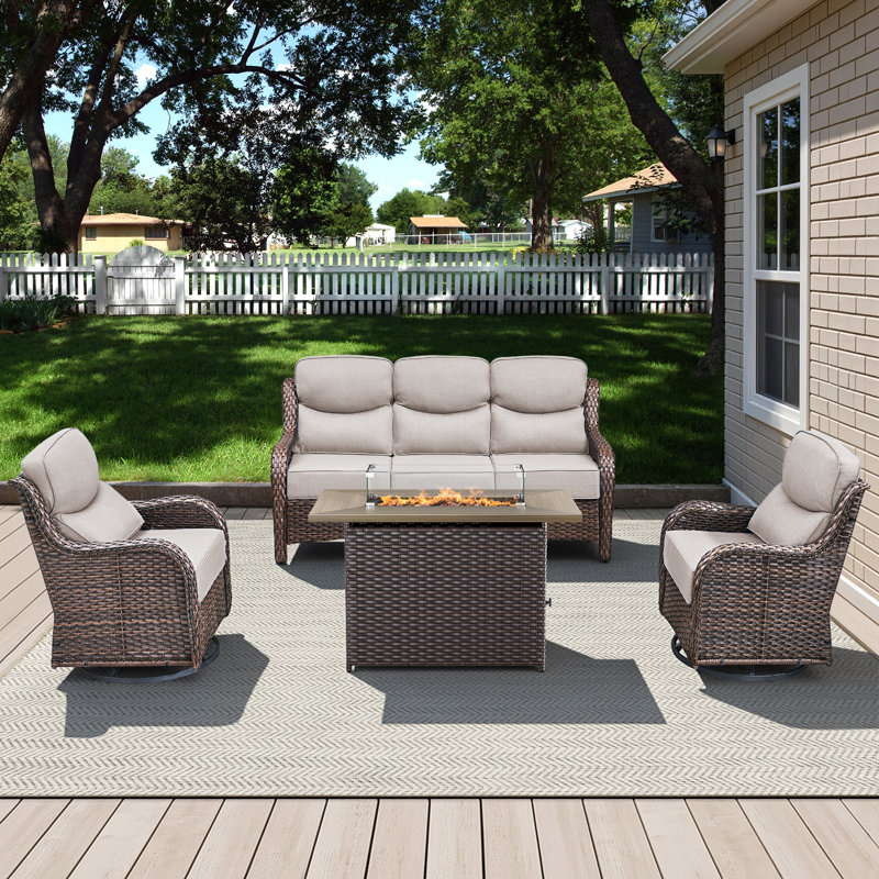 Outdoor Patio Wicker Sofa Conversation Set With Swivel Chairs And Fire Pit Table, Beige, Brown