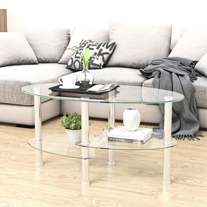 Table basse Living Room Modern - Verre transparent avec pieds en acier inoxydable ovale 3 couches