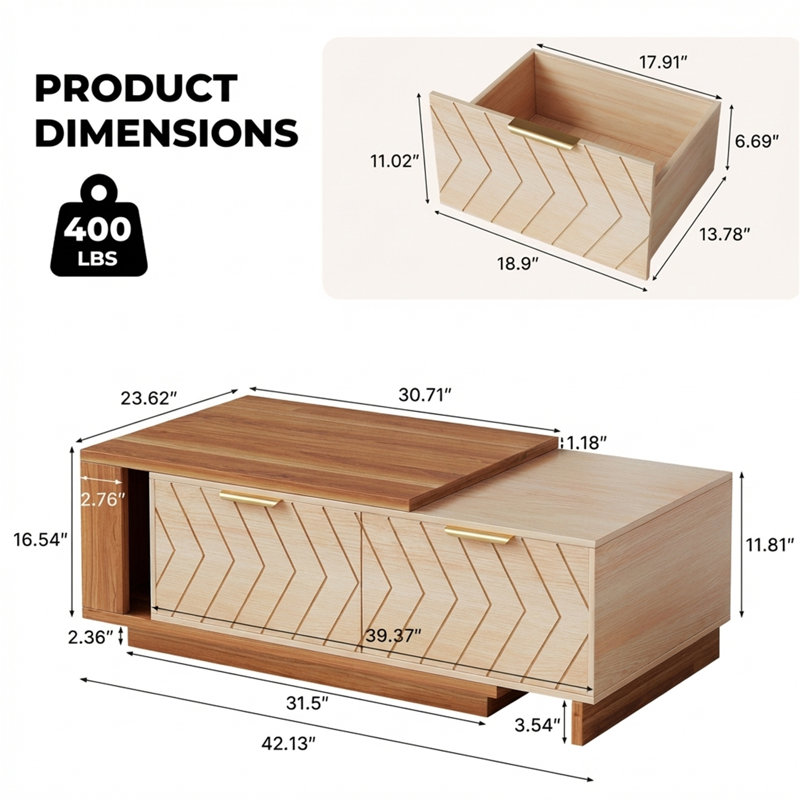 Expandable Storage Coffee Table, Drop-Leaf Design with Drawers & Open Shelf, NaturalA