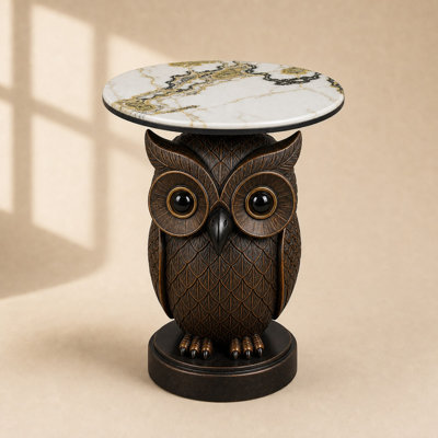 Owl Side Table, Cute Animal Resin End Table, Unique Bird Statue Nightstand with Round Top, Whimsical Decor Furniture for Nursery, Bedroom & Living Room - 17.7" Tabletop Realistic