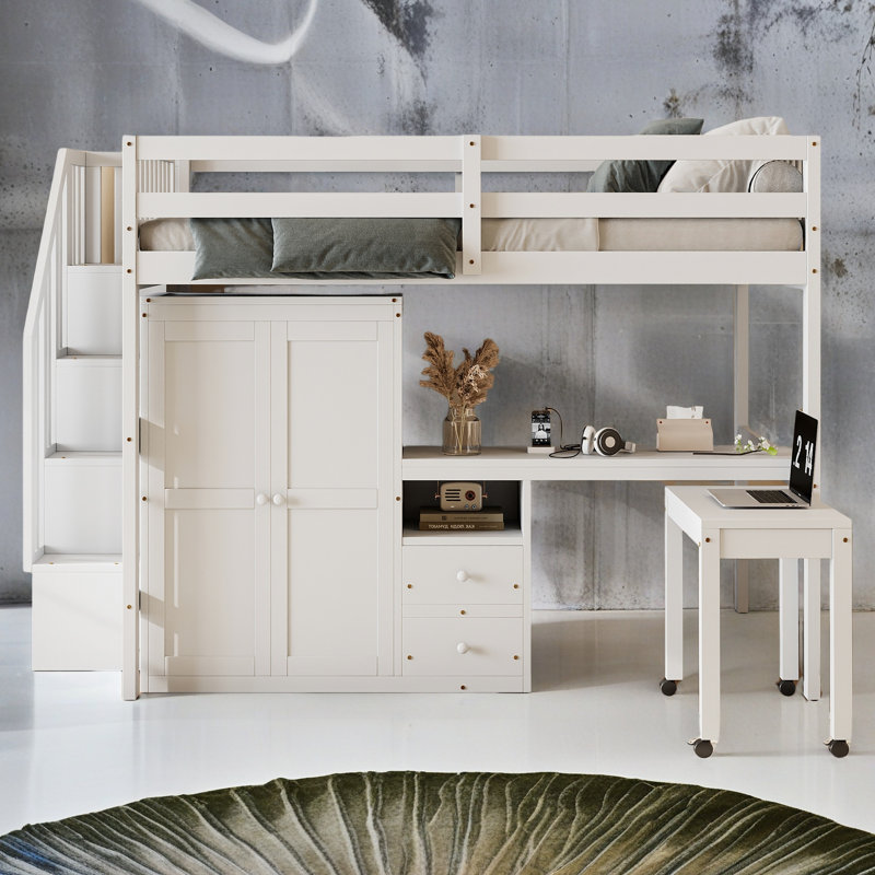 Lit mezzanine avec escalier, Lit double, Blanc