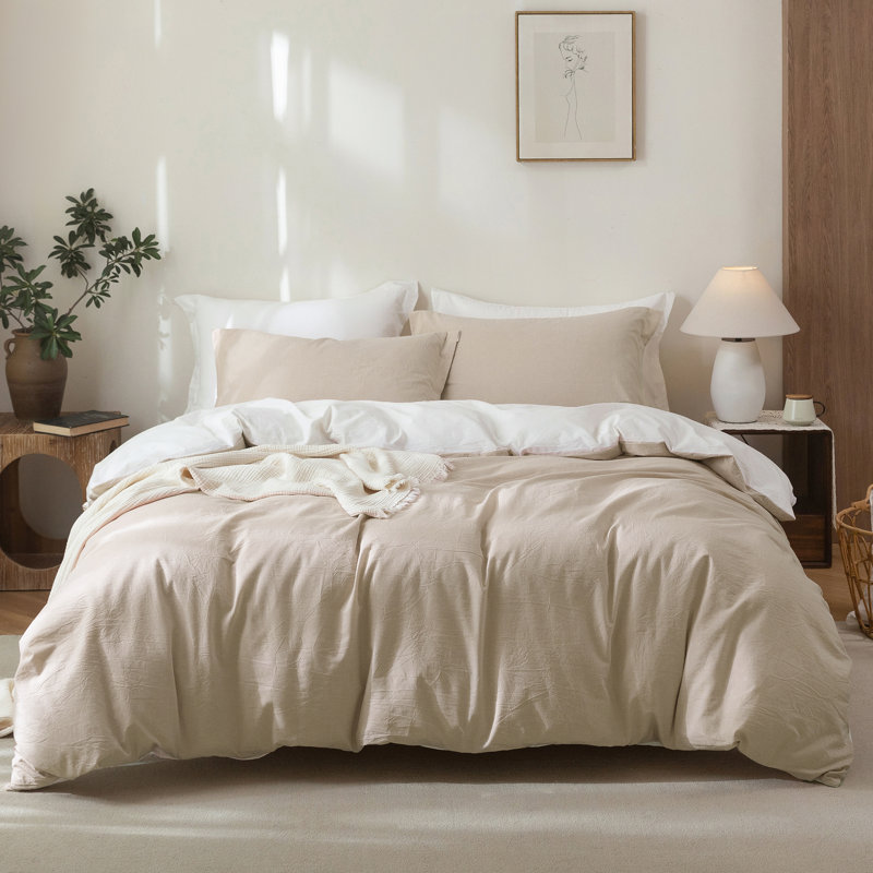Solayne 100% Washed Cotton Duvet Cover Set with Faux Hemp Texture, Solid Color, Zipper Closure and Corner Ties, Apricot