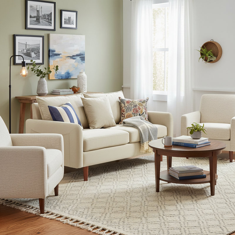  56" Wide Velvet Round Arm Loveseat, Featuring Side Storage Pockets and a Small Square Throw Pillow, Beige