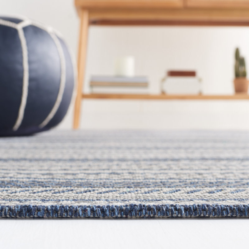 Navy and Light Grey Striped Wool Cotton 5' x 7' Rug