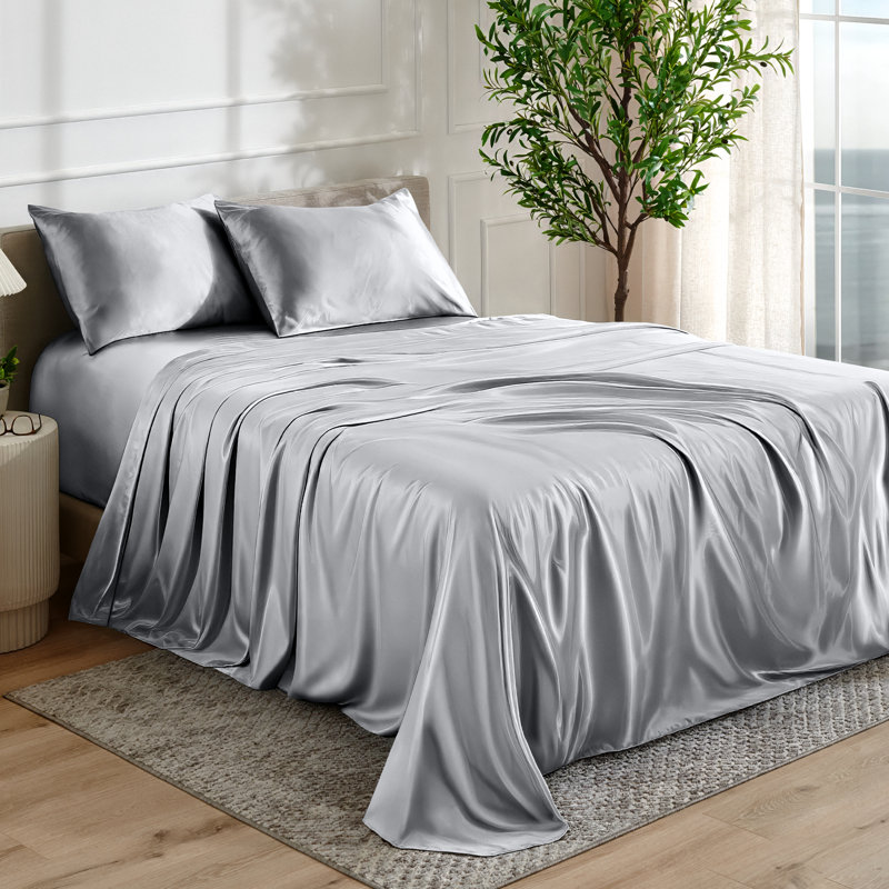 Satin Sheet Set, Queen Sheet Set with 2 Pillowcases, Silver