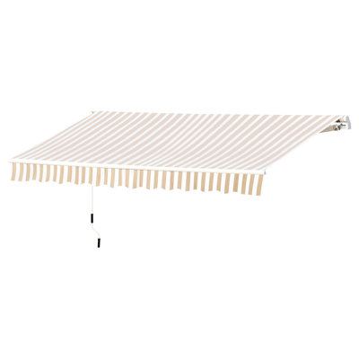 12' X 10' Yard Awning - Protected, Manual Crank, 280G/M Fabric, Aluminum Frame, Beige And White Retractable Sun Shade For Deck, Balcony,