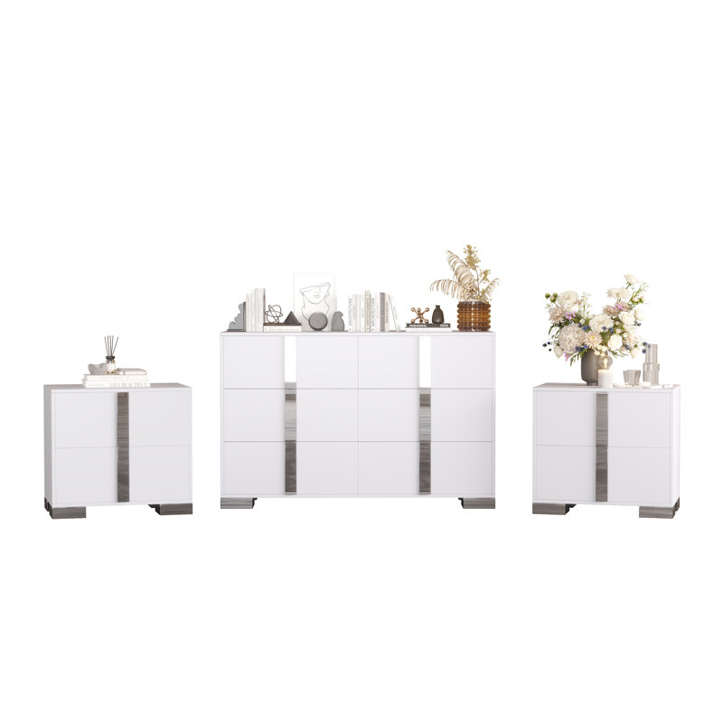 Lustre 3-Piece Modern Bedroom Set With Mirrored Dresser And Nightstands, White