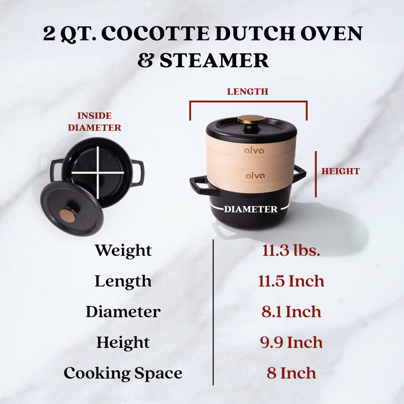 Alva 2 Qt Black Enameled Cast Iron Dutch Oven with Bamboo Inserts