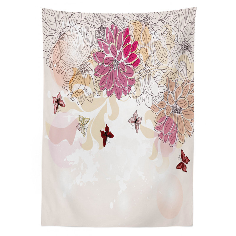 Grunge Tablecloth, Baby Pink Petals Spring Composition With Flowers And Butterflies Vintage Style Print, Rectangular Table Cover For Dining Room Kitchen Decor, 52" X 70", Pink Cream