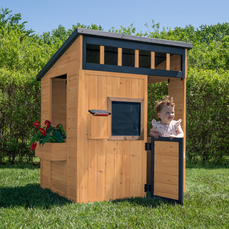 Backyard Discovery Caraway Cottage Cedar Wooden Kids Playhouse with Play Kitchen, Chalkboard, and Mailbox