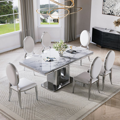 70.08" Dining Table Set Of 6,Rectangle Faux Marble Table And 6 Faux Leather Dining Chairs With Stainless Steel Base