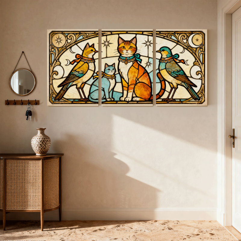 Ensemble de 3 reproductions d'art sur toile de style vitrail chats et oiseaux, H 24 po x l 48 po