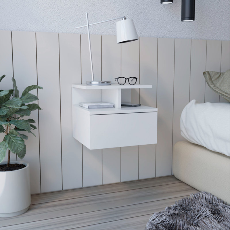 Table de chevet flottante Adele, table de bout, tiroir de table d'appoint, tablettes ouvertes blanches, Blanc
