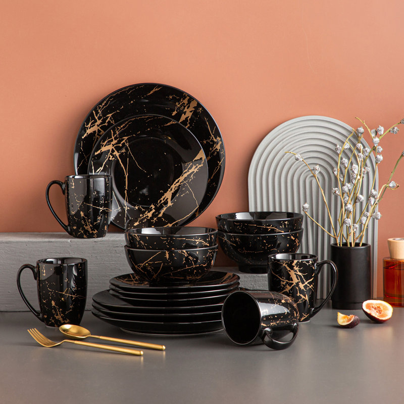 Service de table en porcelaine 16 pièces Karagen, service pour 4 Karagen, Noir