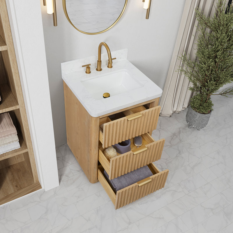 24" Single Bathroom Vanity Set with Mirror, White, Gold, Brown