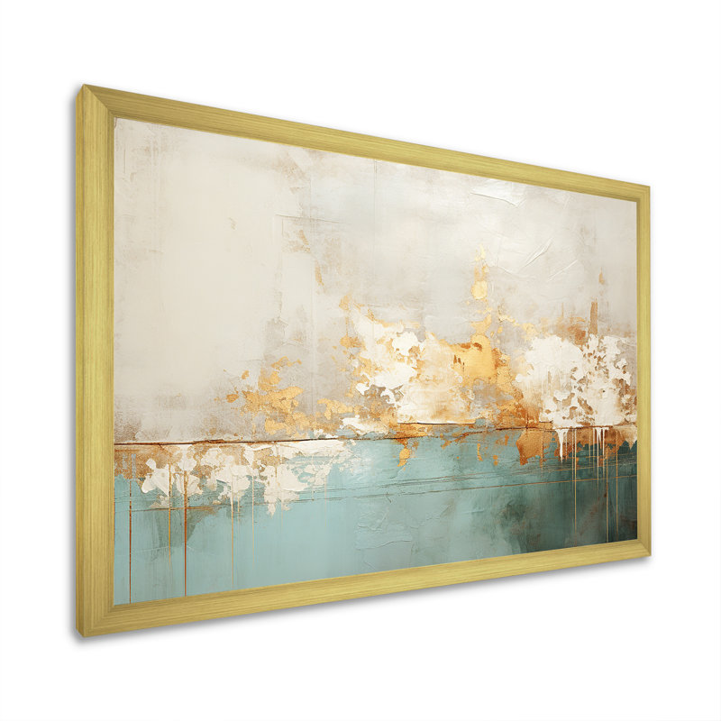 Minimalisme doré et bleu sarcelle horizon I - peinture abstraite, art mural, H 34 po x l 44 po x P 1,5 po, Cadre doré simple