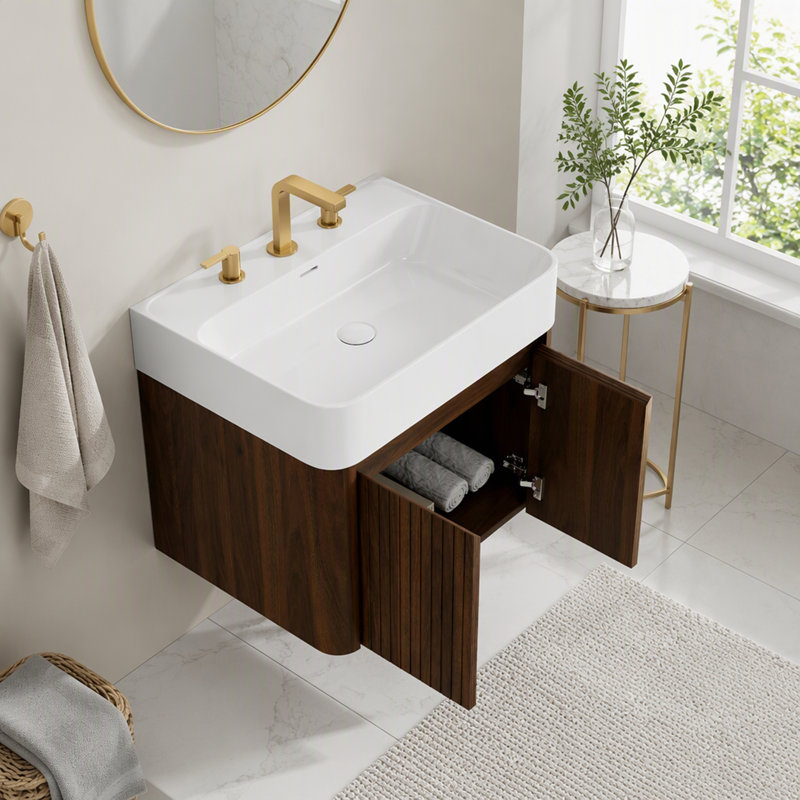 Meuble-lavabo suspendu avec lavabo intégré en surface solide et armoire de rangement en bois de noyer pour espaces modernes